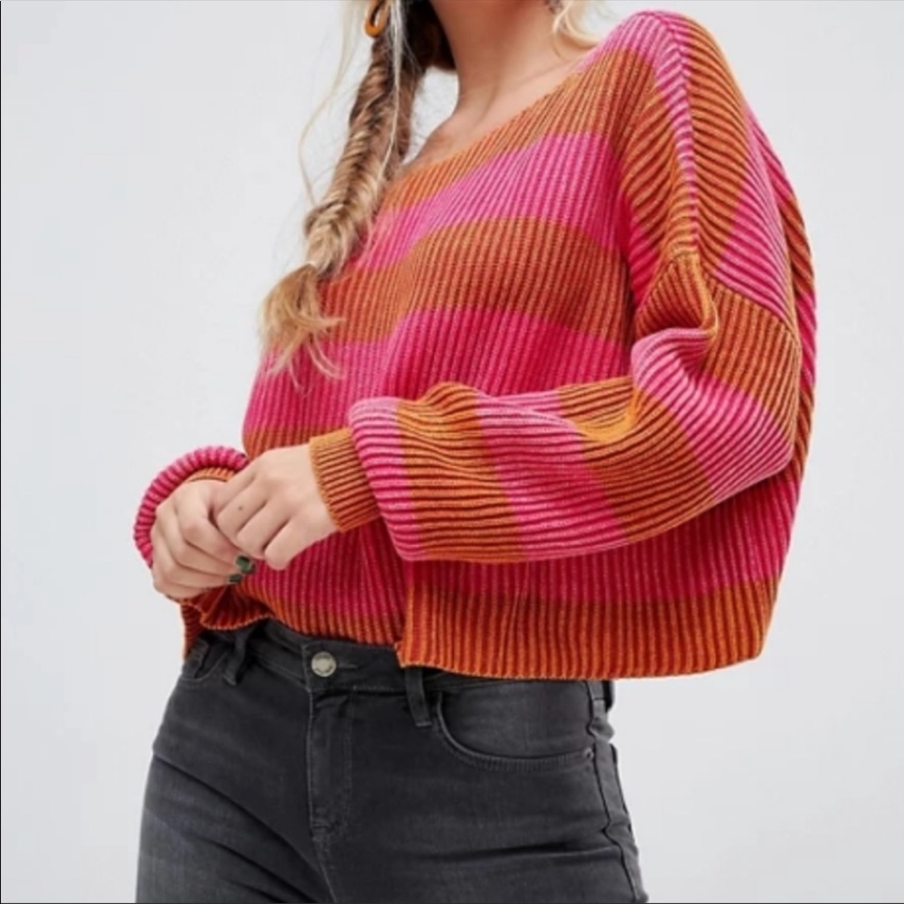 Knit Orange Pink Striped Free People Sweater M